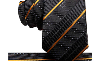 Boys Black and Gold Striped Silk Tie with matching pocket square