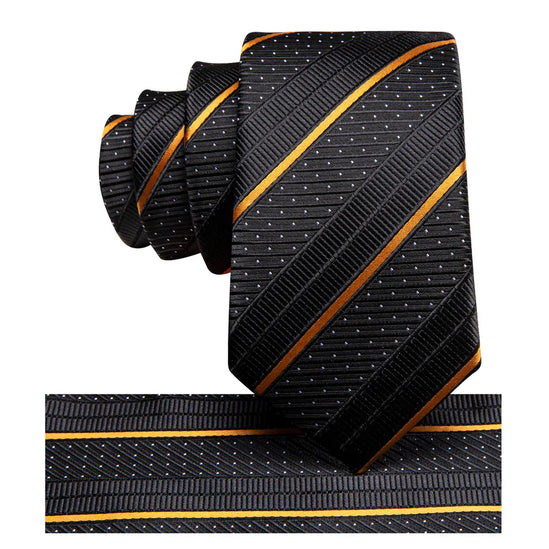 Boys Black and Gold Striped Silk Tie with matching pocket square