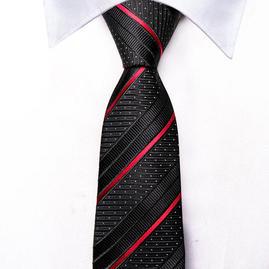 Boys Black and Red Striped Silk Tie with matching pocket square