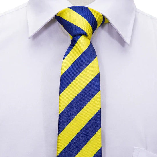 Boys Blue and Yellow Striped Silk Tie with matching pocket square