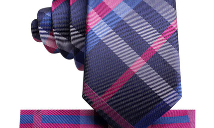 Boys Blue and pink Plaid Silk Tie with matching pocket square