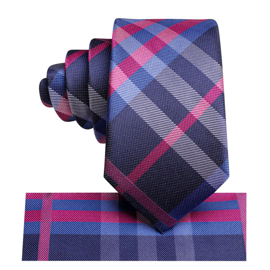 Boys Blue and pink Plaid Silk Tie with matching pocket square