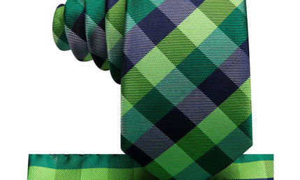 Boys green and blue plaid silk tie with matching pocket square