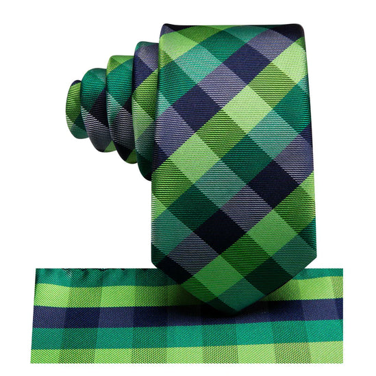 Boys green and blue plaid silk tie with matching pocket square