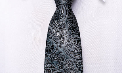 Boys silver and black paisley silk tie with matching pocket square