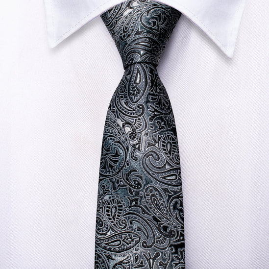 Boys silver and black paisley silk tie with matching pocket square