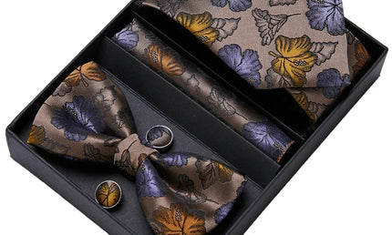 Brown Floral Pattern Tie, Bow Tie, Pocket Square and Cuff Links Gift Set
