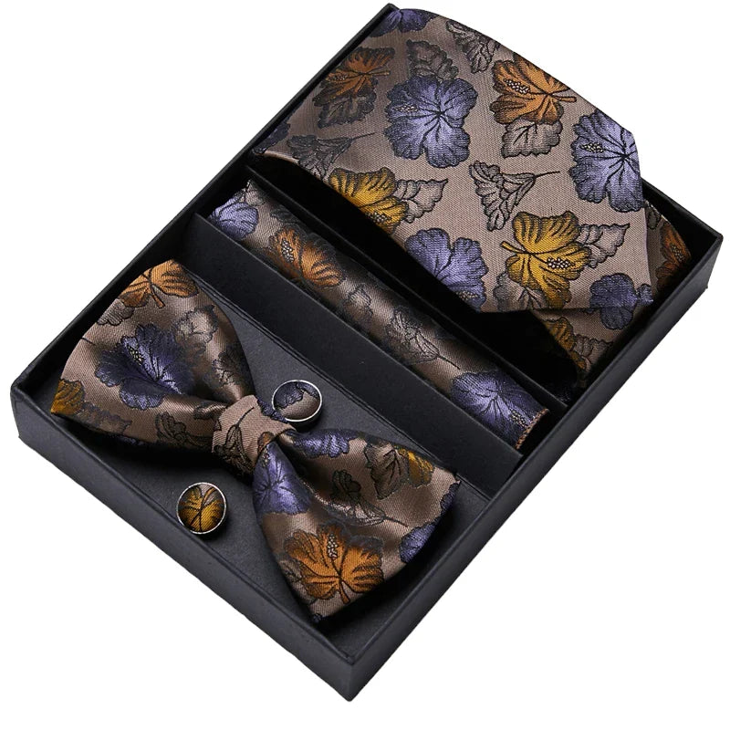 Brown Floral Pattern Tie, Bow Tie, Pocket Square and Cuff Links Gift Set