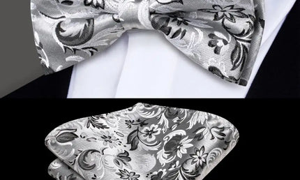 Gray Floral Design Bow Tie With Matching Cuff Links and Pocket Square