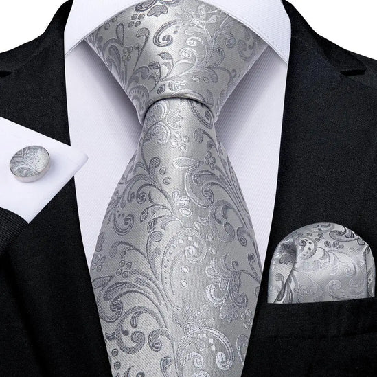 Gray Floral Pattern Tie With Matching Cuff Links and Pocket Square