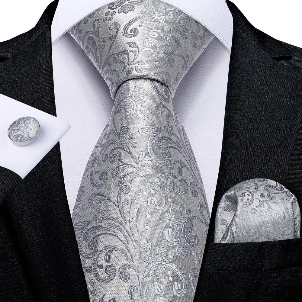 Gray Floral Pattern Tie With Matching Cuff Links and Pocket Square