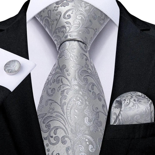 Gray Floral Pattern Tie With Matching Cuff Links and Pocket Square