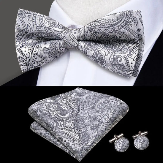 Gray Paisley Bow Tie With Matching Cuff Links and Pocket Square