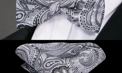 Gray Paisley Design Bow Tie With Matching Cuff Links and Pocket Square