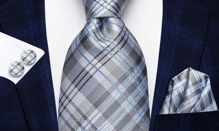 Gray and Blue Striped Tie With Matching Cuff Links and Pocket Square