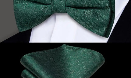 Green Floral Bow Tie With Matching Cuff Links and Pocket Square