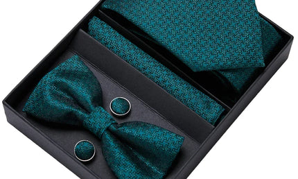 Green Textured Design Tie, Bow Tie, Pocket Square and Cuff Links Gift Set