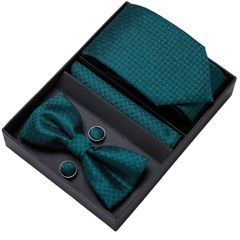 Green Textured Design Tie, Bow Tie, Pocket Square and Cuff Links Gift Set