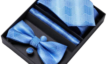 Light Blue Tie, Bow Tie, Pocket Square and Cuff Links Gift Set