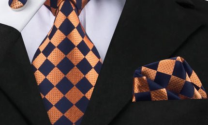 Orange and Blue Check Pattern Tie With Cuff Links and Pocket Square