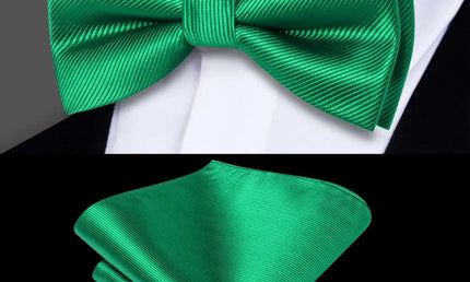 Plain Bright Green Textured Bow Tie With Matching Cuff Links and Pocket Square