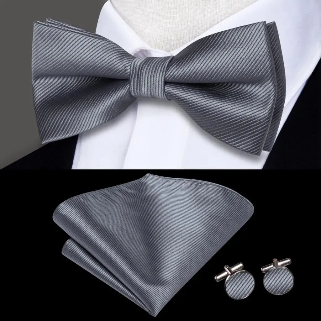 Plain Gray Textured Bow Tie With Matching Cuff Links and Pocket Square