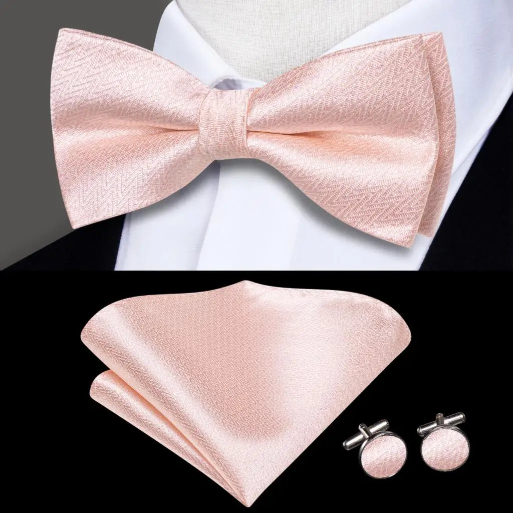 Plain Pink Textured Bow Tie With Matching Cuff Links and Pocket Square