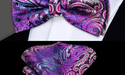 Purple Paisley Bow Tie With Matching Cuff Links and Pocket Square