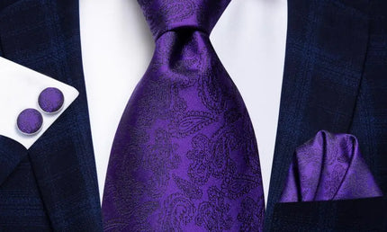 Purple Paisley Tie With Matching Cuff Links and Pocket Square