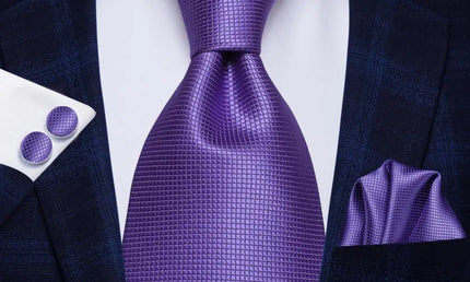 Purple Textured Design Tie With Matching Cuff Links and Pocket Square