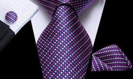 Purple and White Striped Tie With Matching Cuff Links and Pocket Square