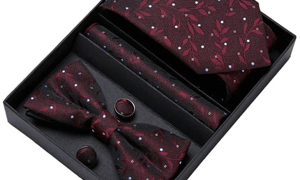 Red and Black Floral Design Tie, Bow Tie, Pocket Square and Cuff Links Gift Set