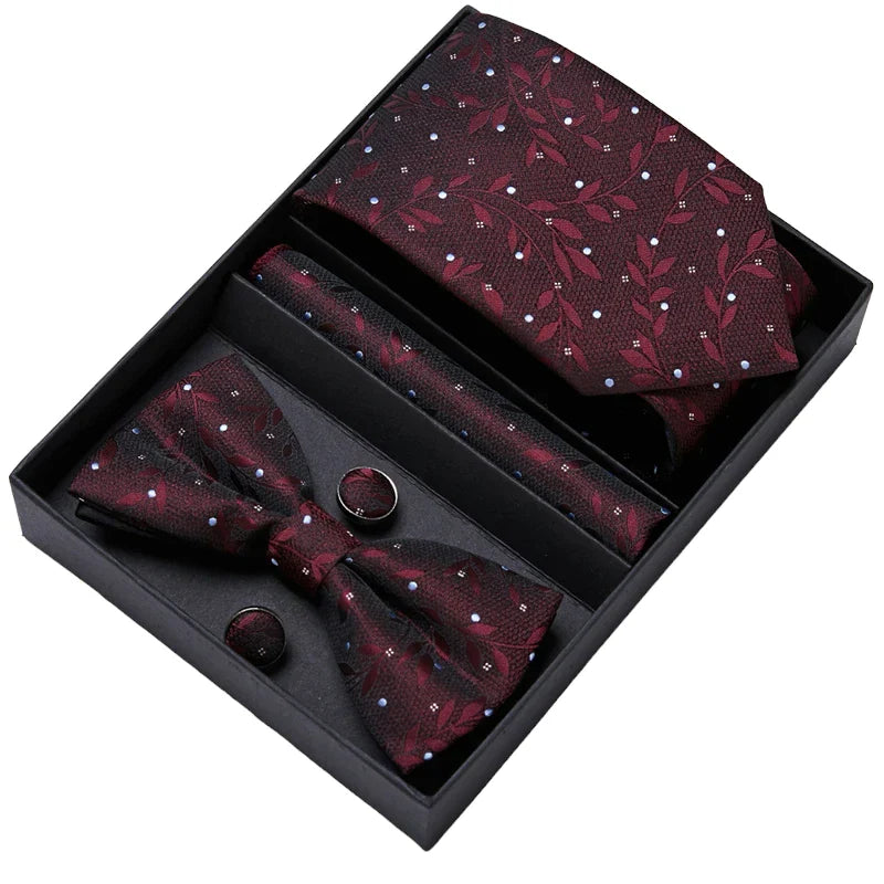 Red and Black Floral Design Tie, Bow Tie, Pocket Square and Cuff Links Gift Set
