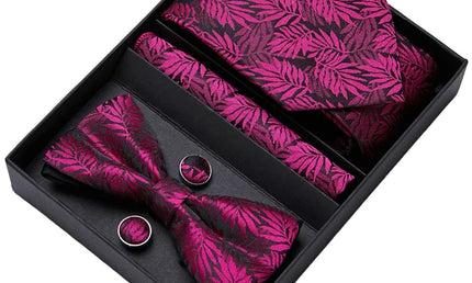 Red and Black Floral Pattern Tie, Bow Tie, Pocket Square and Cuff Links Gift Set