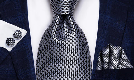 Silver Geometric Tie With Matching Cuff Links and Pocket Square