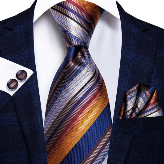 blue and orange striped silk tie with matching cufflinks and pocket square