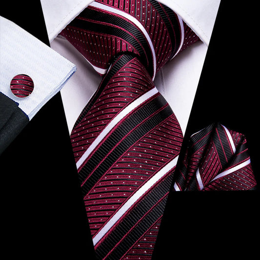 burgundy and black striped silk tie with matching cufflinks and pocket square