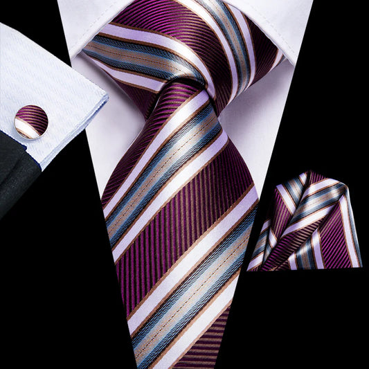 burgundy striped silk tie with matching cufflinks and pocket square