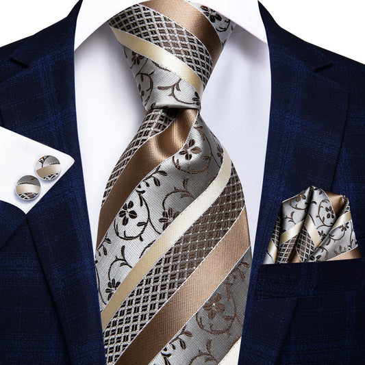 champagne and white silk tie with matching cufflinks and pocket square