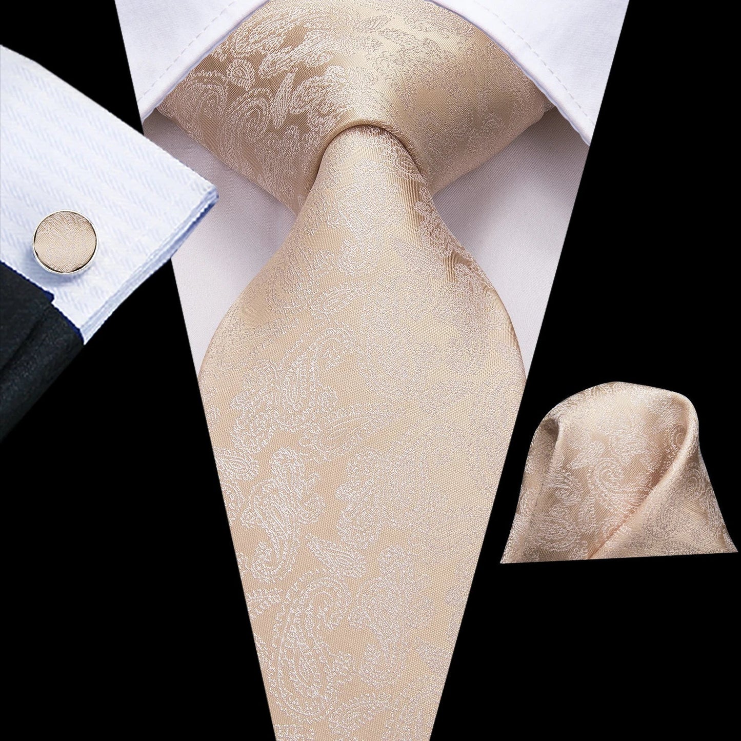 cream color paisley tie with cuff links and pocket square