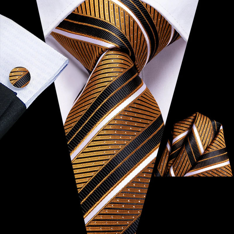 gold and black striped silk tie with matching cufflinks and pocket square