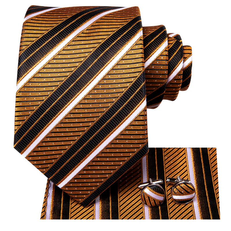 gold and black striped silk tie with matching cufflinks and pocket square