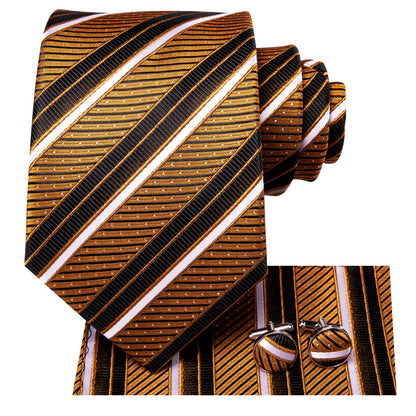 gold and black striped silk tie with matching cufflinks and pocket square