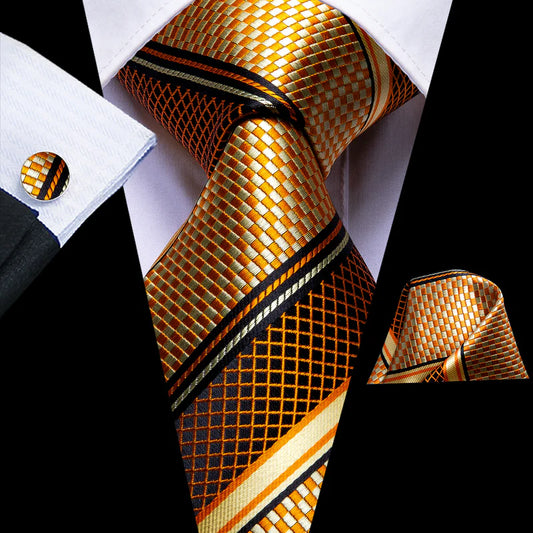 gold striped plaid silk tie with matching cuff links and pocket square