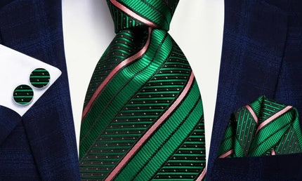 green and pink striped tie with matching cuff links and pocket square