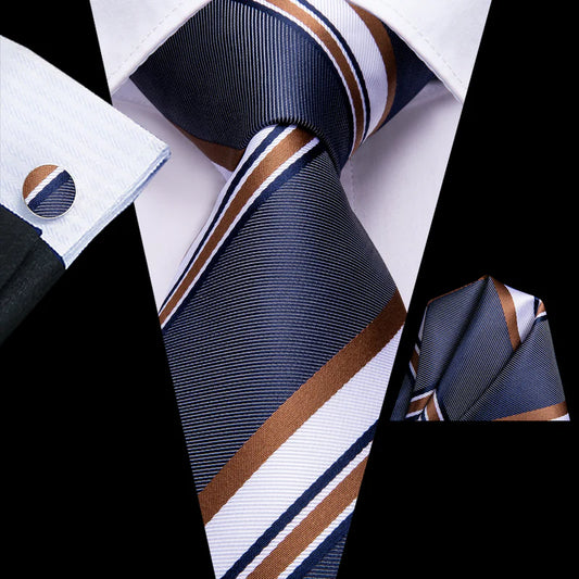 navy blue and white striped silk tie with matching cufflinks and pocket square
