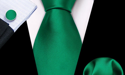 plain bright green tie with cuff links and pocket square