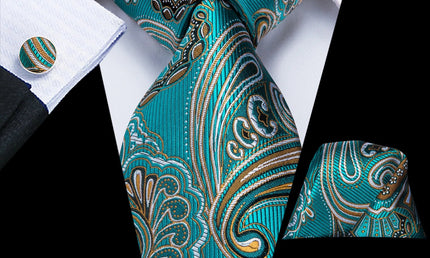turquoise paisley tie with cuff links and pocket square